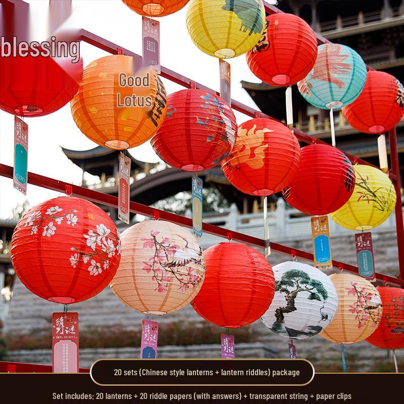 Mid-Autumn Festival Chinese Luminous Flower & Palace Lanterns with Riddle Hanging Ornaments