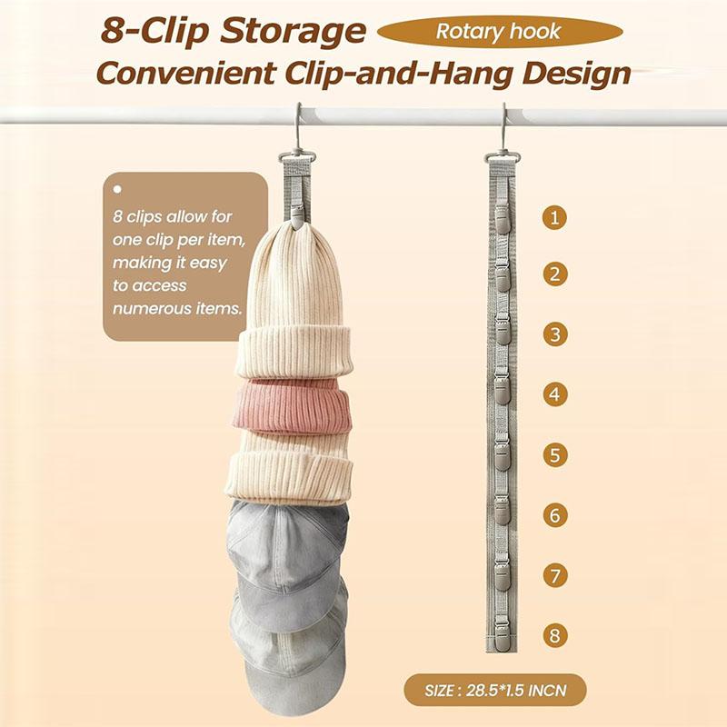 Closet Hat Rack Hanging Hat Organizer with 8 Rotatable Clamp Clips Wardrobe Foldable Hanging Organizer Display for Baseball Caps