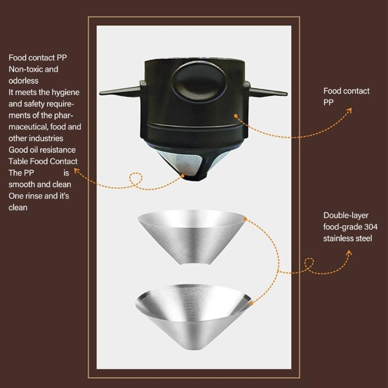 Stainless Steel Coffee Filter Double Layer Design Portable Foldable Dripper for Home Office Travels and Outdoor Brewing