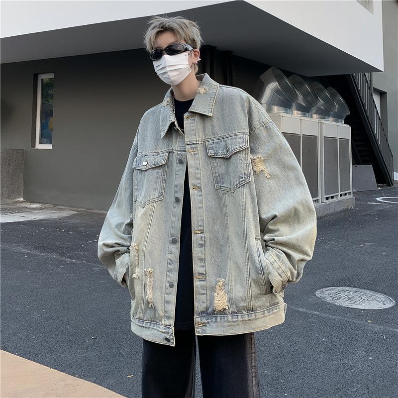 

Street American retro old denim jacket men s and women s loose trendy brand spring men s casual ripped jacket top S