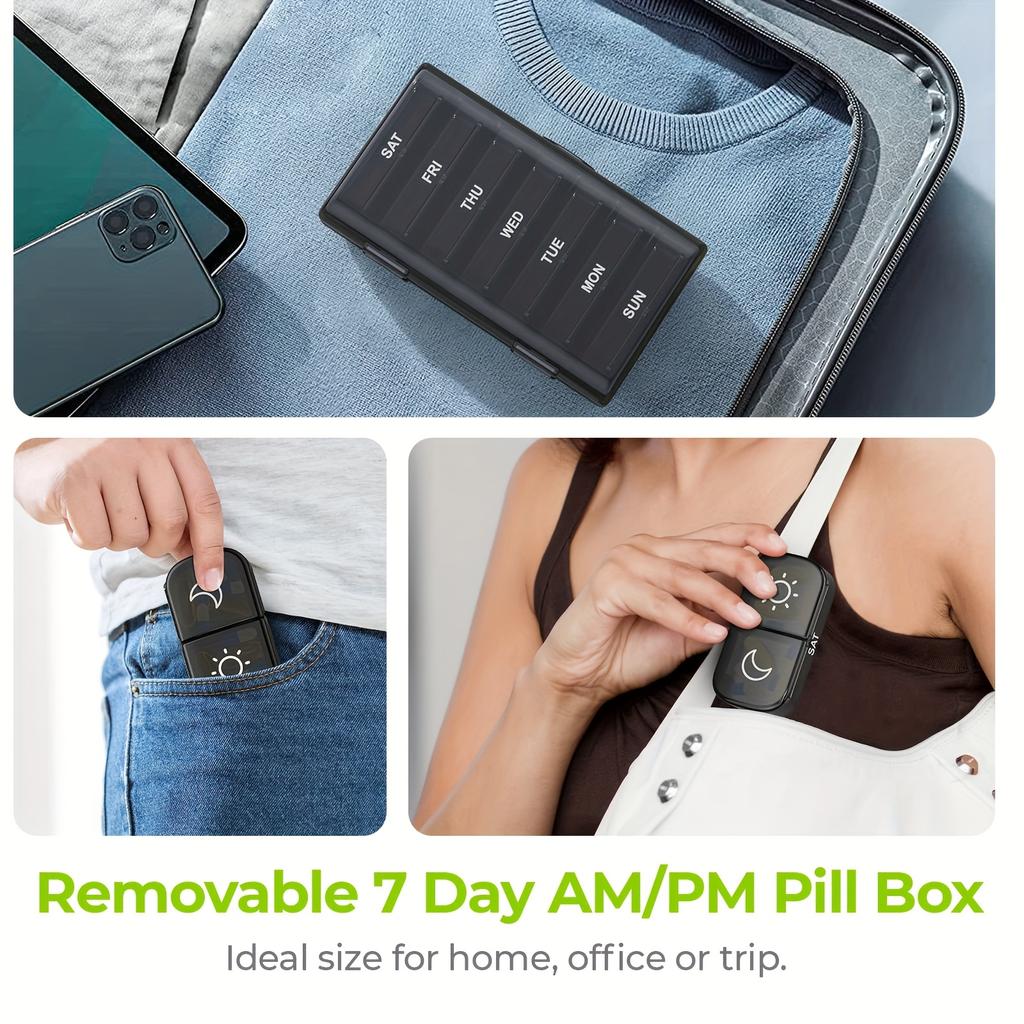 Weekly Pill Organizer 2 Times a Day, Pill Box 7 Day with One-Side Large Openings, Black Privacy Protection AM PM Pill Case