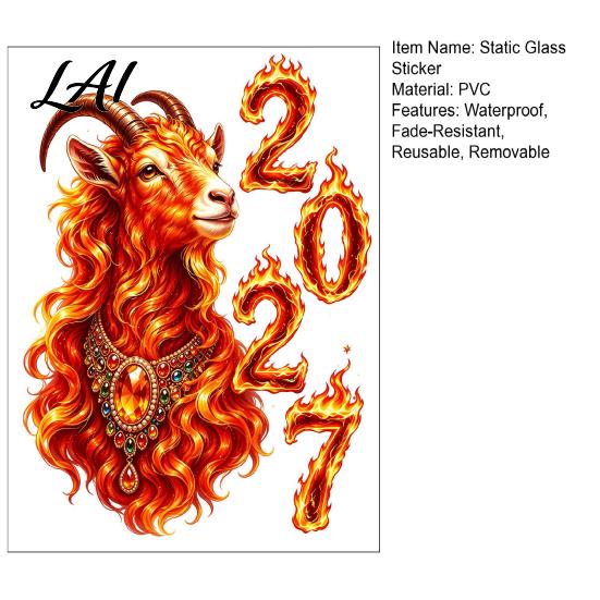 Holiday Glass Surface Decor 2027 Year of Goat Window Cling Lunar New Zodiac Decorative Shop Signs Sticker Flame Style Spring Festival Door for Home