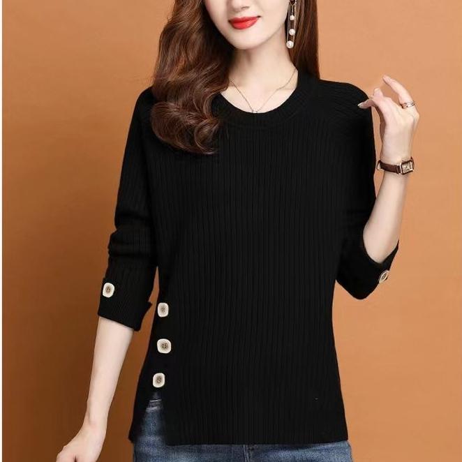 Fall/Winter Women's Crewneck Sweater Loose Slit Knitwear Pullover Solid Color Stretch Knit Top