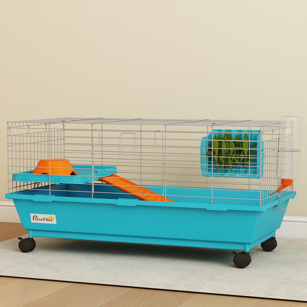 Small Animal Cage with Wheels, Bottle Feeder, Hay Dispenser for Rabbits and Guinea Pigs, 89x44x43 Cm, Blue
