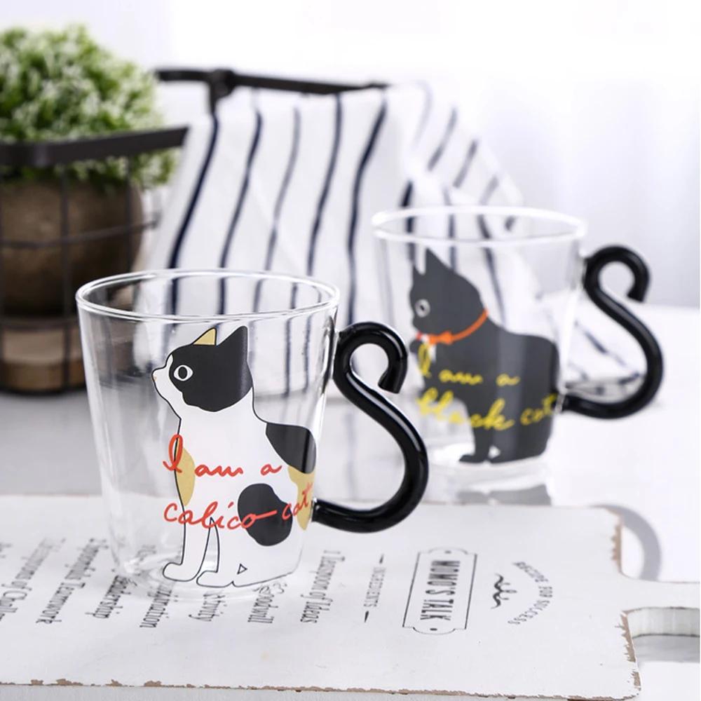 Creative Glass Water Cup With Handle Cute Cat Design Cartoon Two Styles Of Repeated Printing For Coffee And Milk Drinks