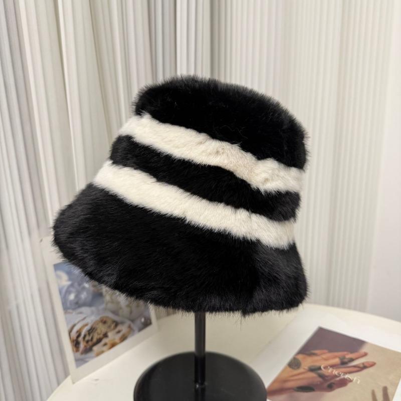 Women S Faux Fur Wide Brim Striped Bucket Hat Winter Warm Hat