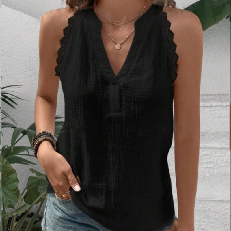 Fashion New Solid V-neck Loose Casual Shirts Women Sleeveless Lace Splicing White Blouses for Women Summer Clothing Vintage Slim Fit Shirt Tops 26642