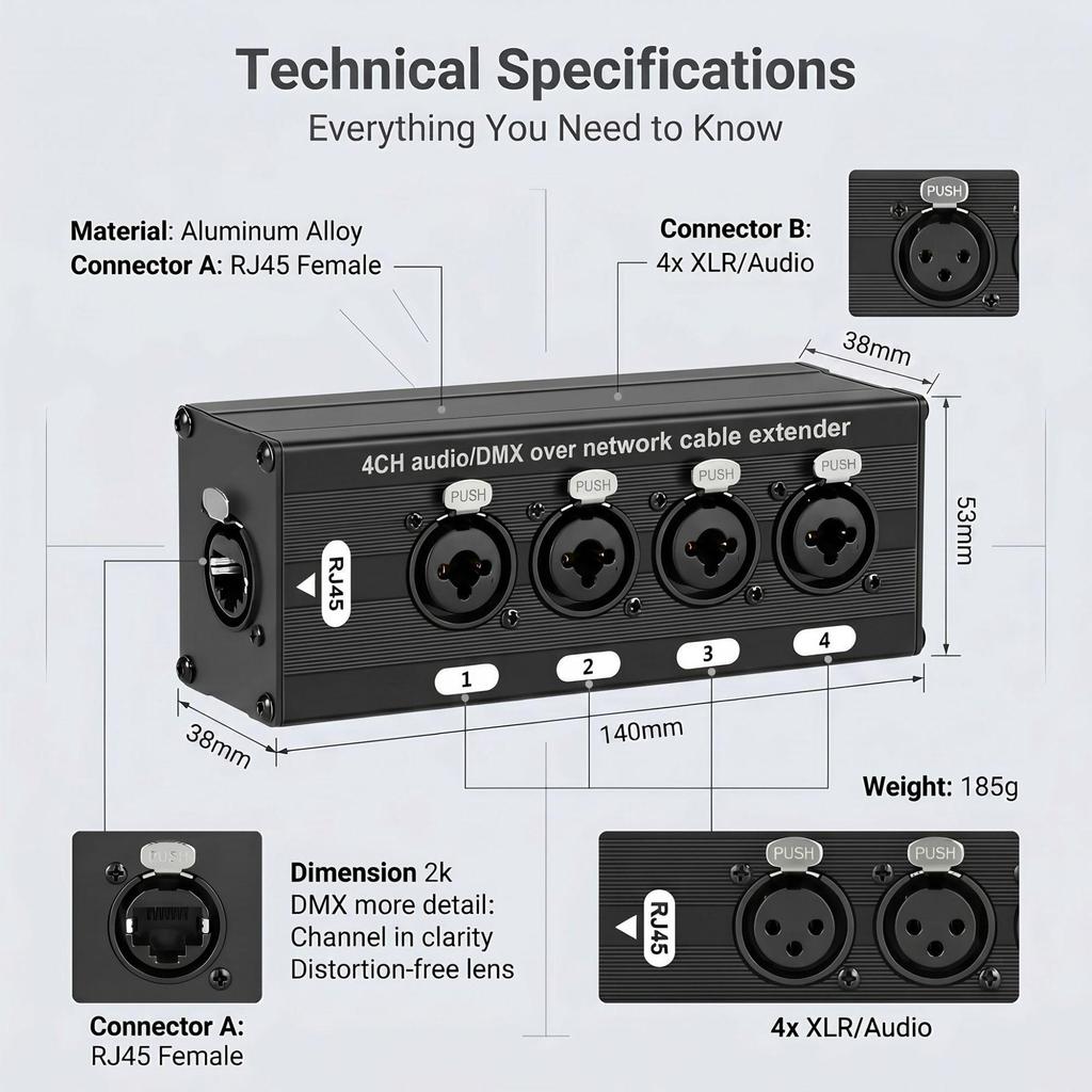 RJ45 Ethernet Audio Extender: 4-Way XLR Male to Female Cable Extension