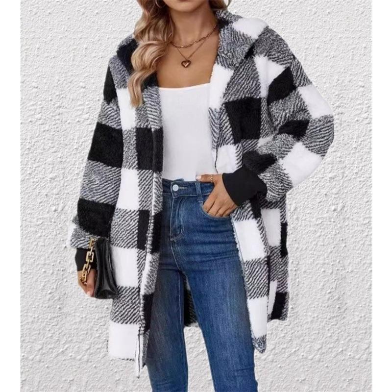 Jacket Loose Plaid Color Matching Plush Cardigan Fashion Foreign Trade Sweater Women