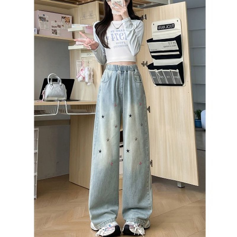 

Женская одежда больших размеров Толстая девушка Флисовая подкладка Толстые Ленивые С высокой талией XINGX Вышитые Свободные Прямые Широкие джинсы M-6XL Single paragraph 6XL