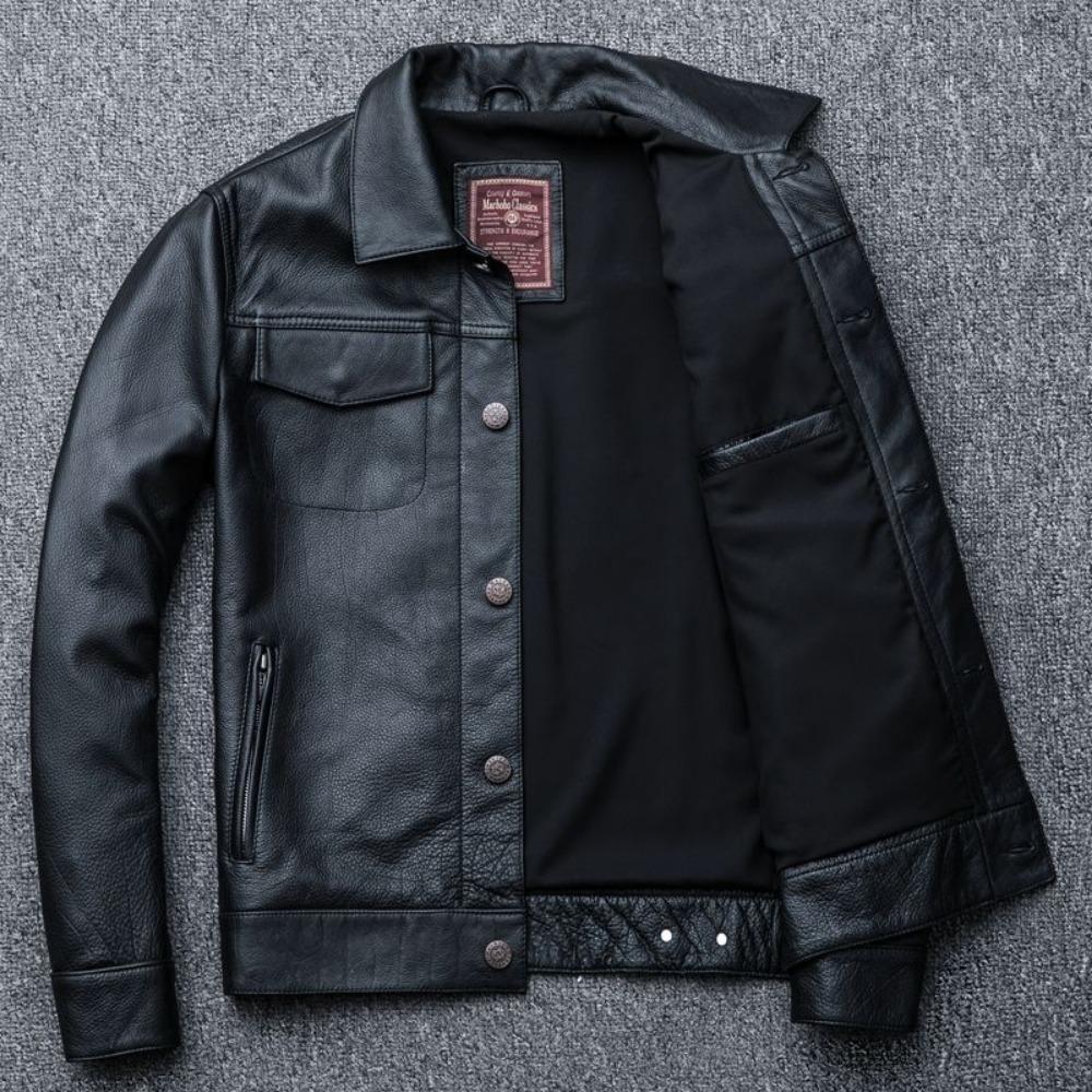 Spring First Layer Cowhide Locomotive Retro Leather Jacket Men's Lapel Leather Jacket