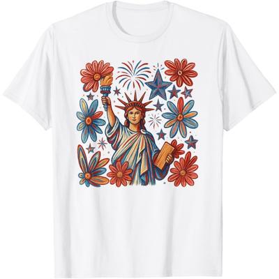 Boho Floral Retro 4th Of July Statue Of Liberty America T-Shirt