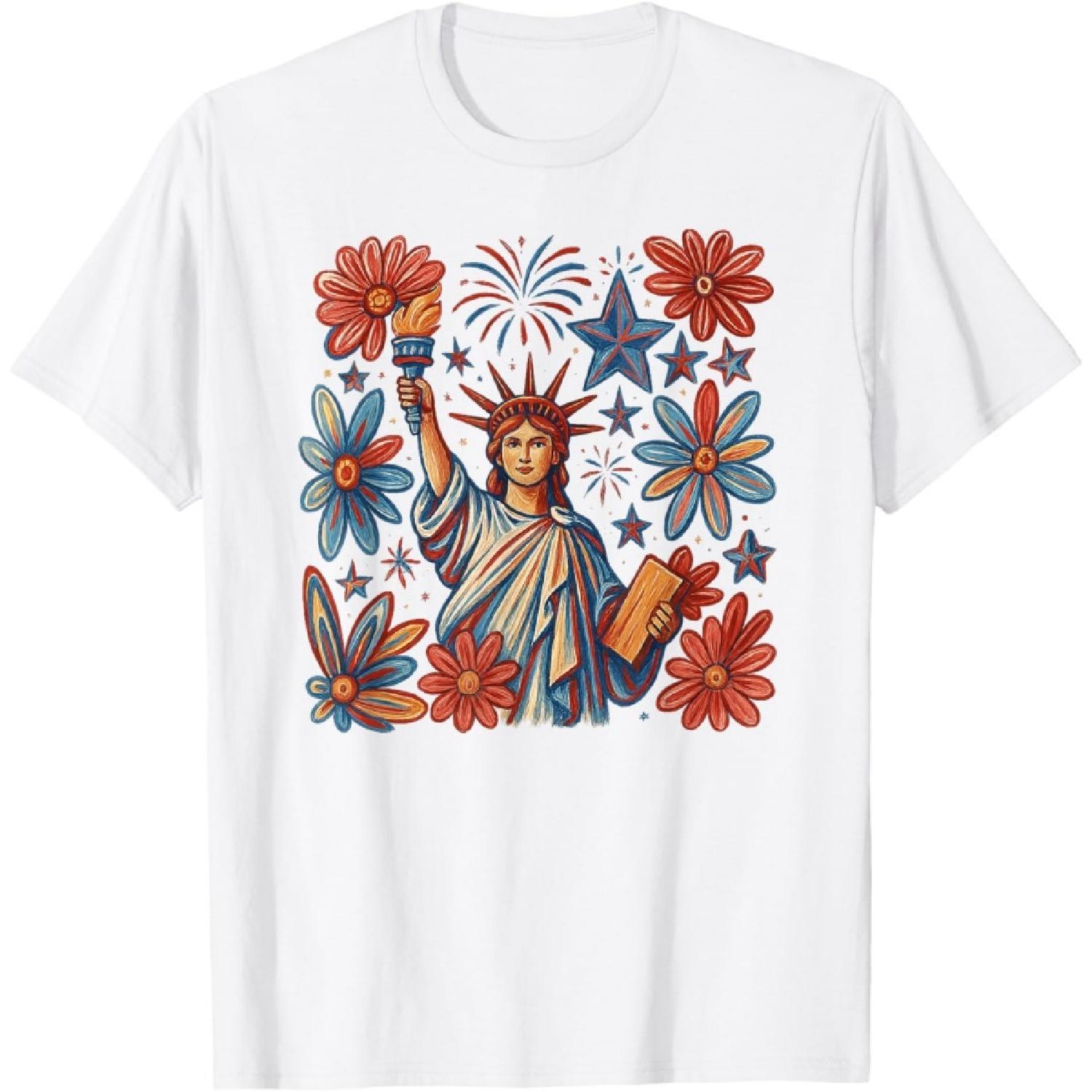 Boho Floral Retro 4th Of July Statue Of Liberty America T-Shirt S