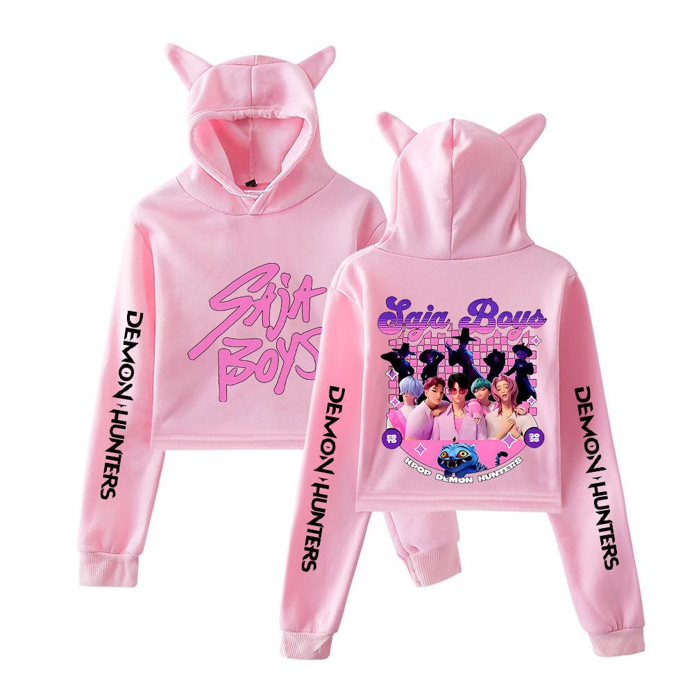 Women Fashion KPop Demon Hunters Cartoon Pullover Girls Casual Cat Cropped Hoodies Female Long Sleeve Sweatshirts Crop Top Women's Hoodie Sexy Tops
