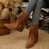 Mode 2025 Herbst Neu Retro Fransen Knöchel Geriebene Stiefel Runde Zehen Quadratische Absätze Seitlicher Reißverschluss Kurze Schuhe Damen Farbe Western Cowboy Stiefel