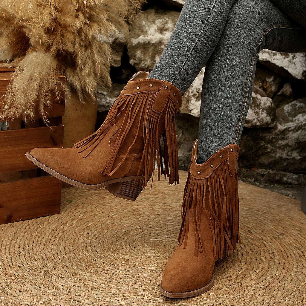 Mode 2025 Herbst Neu Retro Fransen Knöchel Geriebene Stiefel Runde Zehen Quadratische Absätze Seitlicher Reißverschluss Kurze Schuhe Damen Farbe Western Cowboy Stiefel
