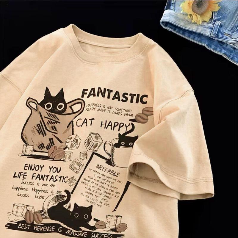 New Men Women T Shirt Pullover Oversize Korean Version Cartoon Cat Group Printed T-Shirt Casual Short Sleeve Couples T-Shirt