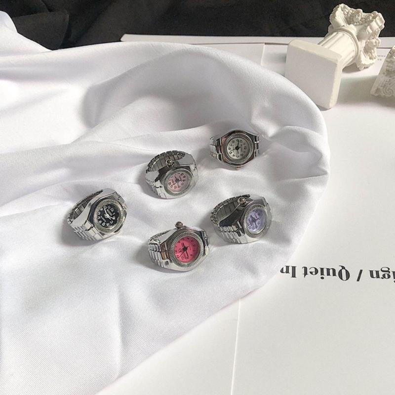 Vintage Punk Finger Watch Mini Elastic Strap Alloy Watches Couple Rings Jewelry Clock Retro Roman Watch Rings Women Men