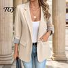 3/4 Sleeve Women Blazer Lapel Collar Blazer, Open Front Business Comfortable with Pockets Casual Suit Jacket, Office Work Short Button Jacket