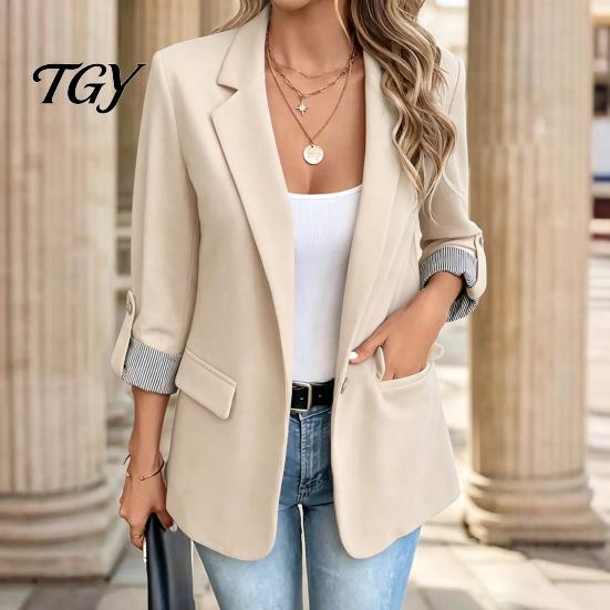 3/4 Sleeve Women Blazer Lapel Collar Blazer, Open Front Business Comfortable with Pockets Casual Suit Jacket, Office Work Short Button Jacket
