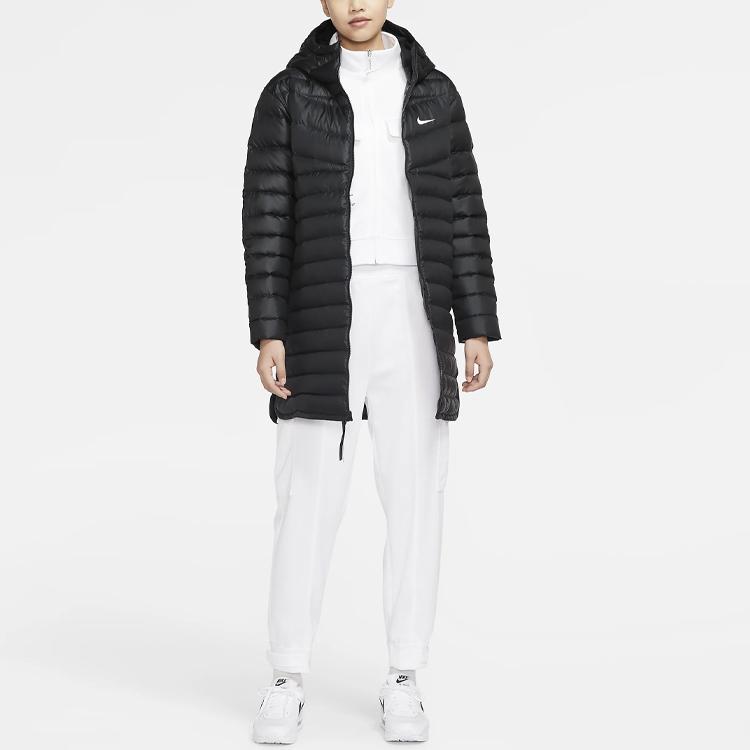 Nike Sportovní oblečení Windrunner Teplá péřová bunda jednobarevná střední délky s kapucí Zimní dámské svrchní oblečení Černá CU5092-010