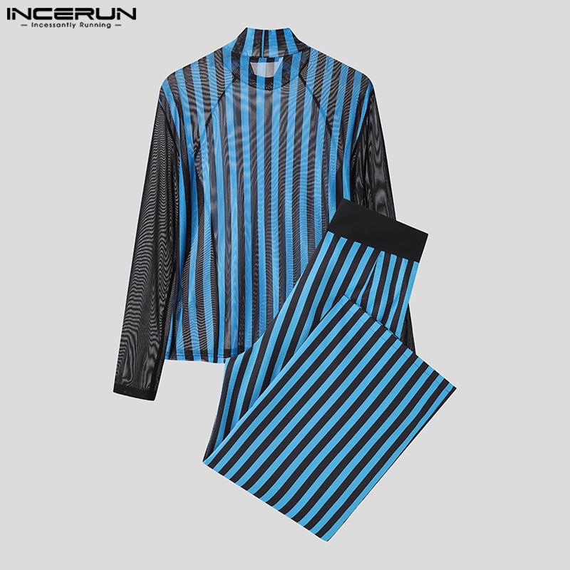 INCERUN Two-piece Men Long Sleeve Striped Mesh Sheer Crop Tops Bow Elastic Waist Pants Sets