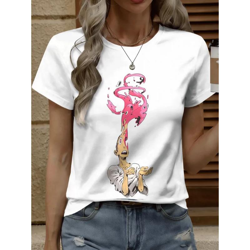 Moda Donna Girocollo Manica Corta Stampa Colore 3D Casual T-shirt Casual a Manica Corta Girocollo