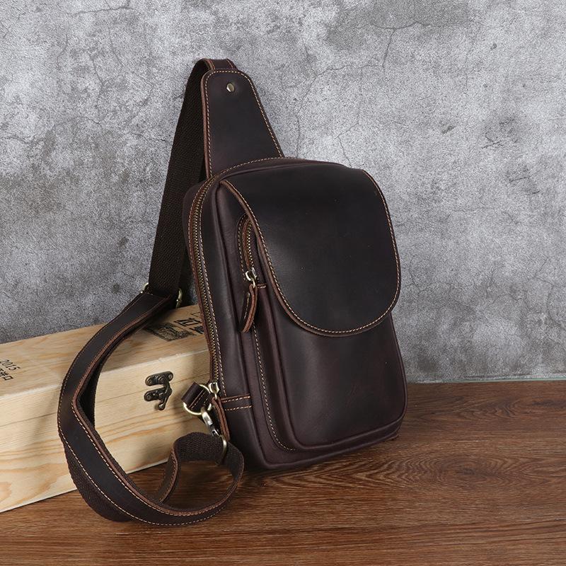 Crazy Horse Leather Men's Chest Bag, Genuine Leather Waist Bag, Retro Business Casual Top Layer Cowhide Small Shoulder Bag, Chest Bag