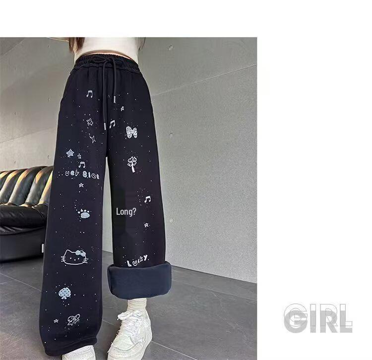 Girls' Black Velvet-Lined Sweatpants - Autumn/Winter 2025 Collection - Straight Leg Style for Older Children and Junior High Students