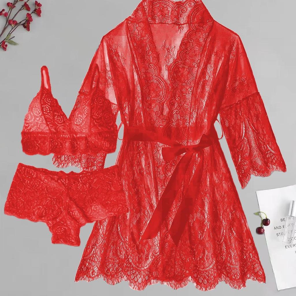 Thin see-through erotic lingerie ribbon tunic kimono dressing gown lace sexy cardigan long skirt female summer