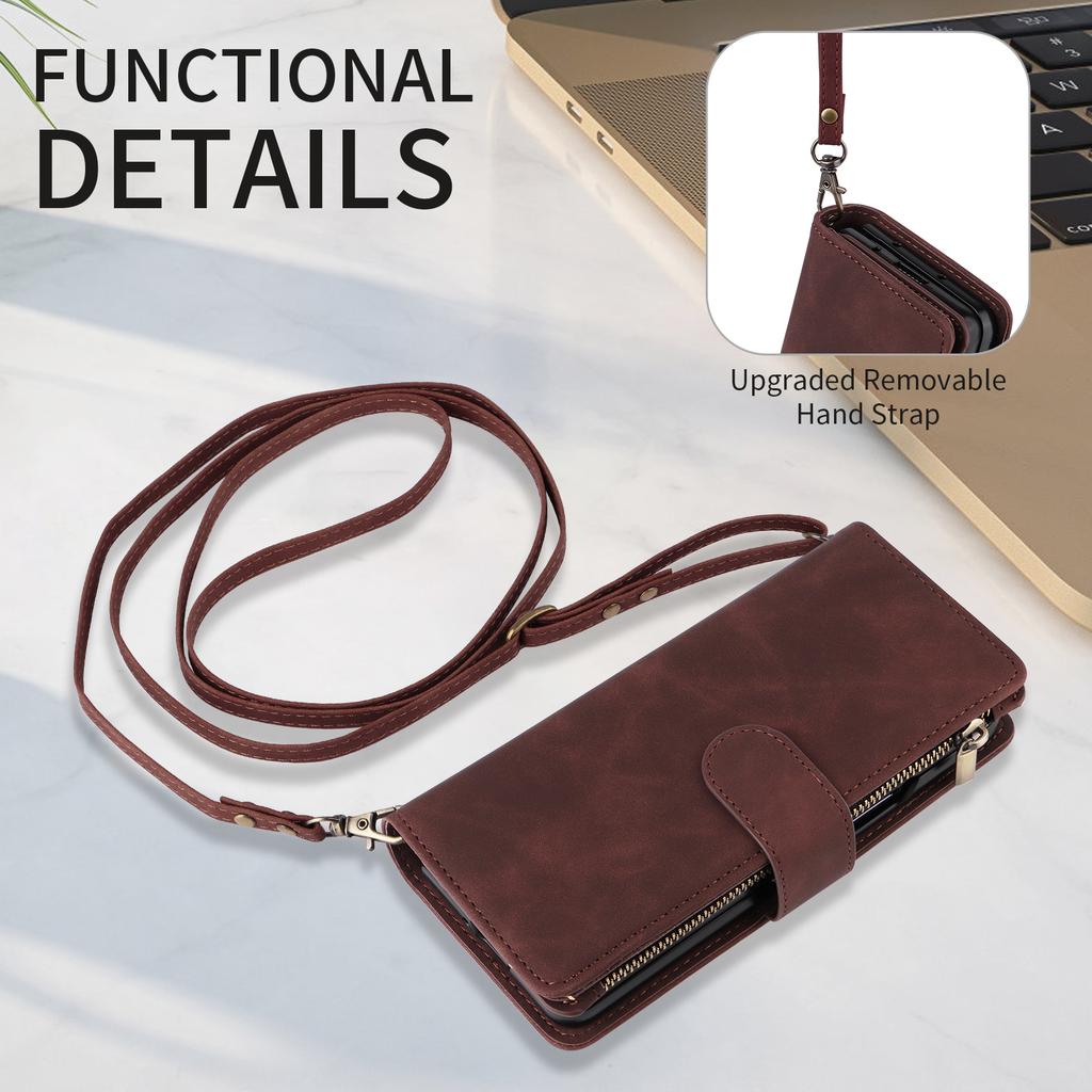 For Samsung Galaxy Z Fold6 5G Case Zipper Multi-Pocket Wallet Leather Phone Cover with Shoulder and Wrist Straps