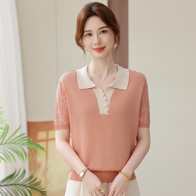 Ice Silk Short-Sleeve Knit T-Shirt with Lapel for Moms - Stylish Summer Fashion for Middle-Aged and Elderly Women