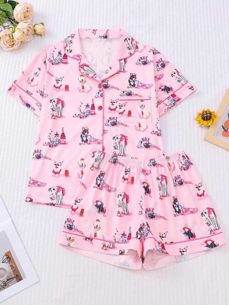 Set Pigiama Cucciolo Cartone Animato Transfrontaliero - Collo a revers, Manica corta e Pantaloncini