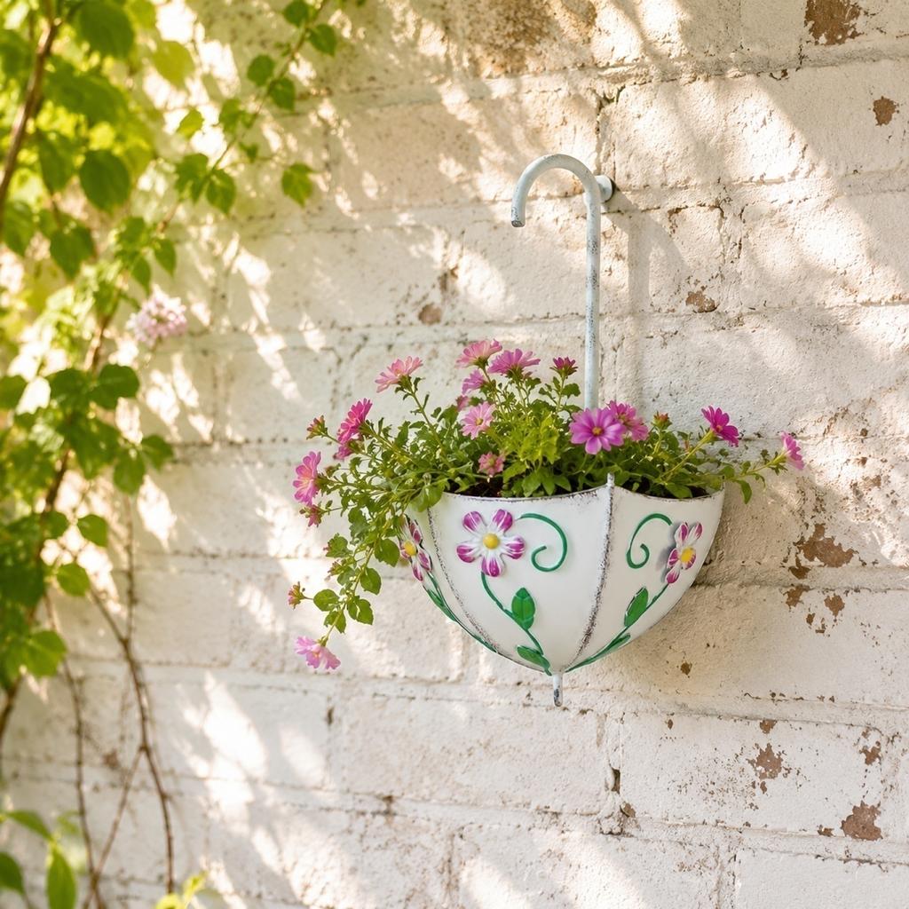 Umbrella Shape Wall Mounted Metal Plant Basket Decorative Iron Hanging Flower Pot for Indoor Outdoor Home Garden Wall Decoration