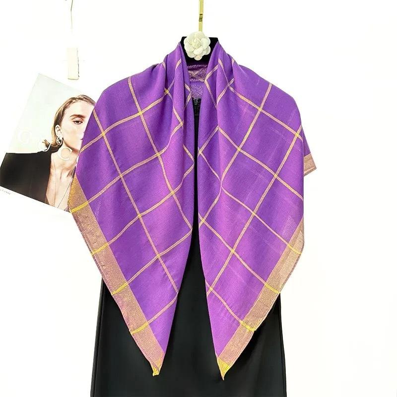 Women S Gold Line Plaid Square Scarf 90x90cm Elegant Shawl For Autumn Winter