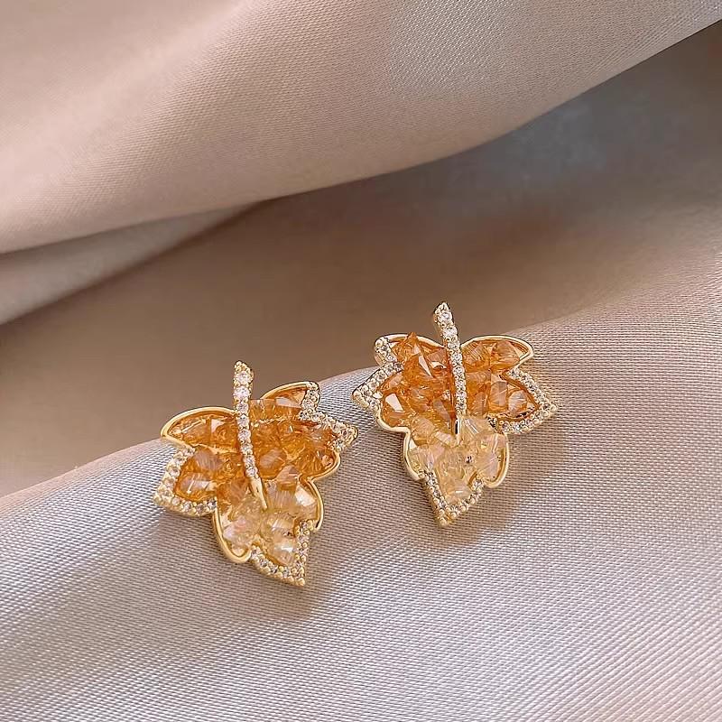 Elegant Gradient Yellow Maple Leaf Earrings - Women s Autumn/Winter Crystal Jewelry