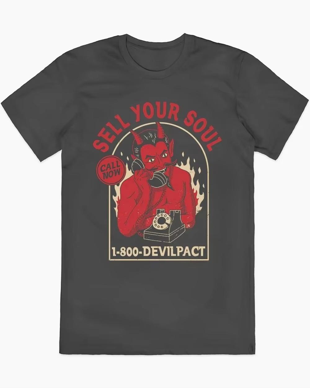 

Dark Humor Sell Your Soul pure Cotton T Shirt Devil Graphic Trendy Halloween Tee All Saints Day Autumn and winter innerwear 4XL