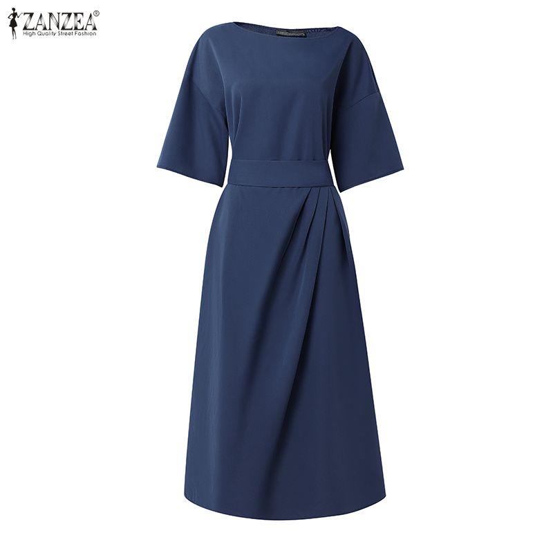 ZANZEA Women Solid Color Casual Round Neck Loose Half Sleeve Dress