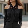 New Elegant Off-Shoulder Long Sleeve Women Tie Shirts Fashion Spring and Autumn Sexy Blouse Woman Lapel Casual Sweet Solid Color Top