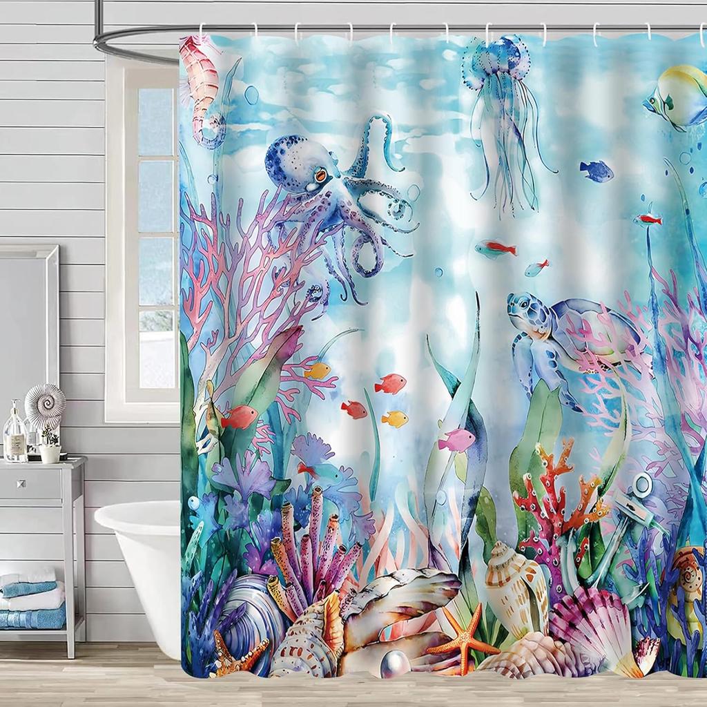 Coastal Turtle Shower Curtain Fish Coral Starfish Seashell Blue Ocean Beach Shower Curtains for Bathroom Waterproof Polyester Fa
