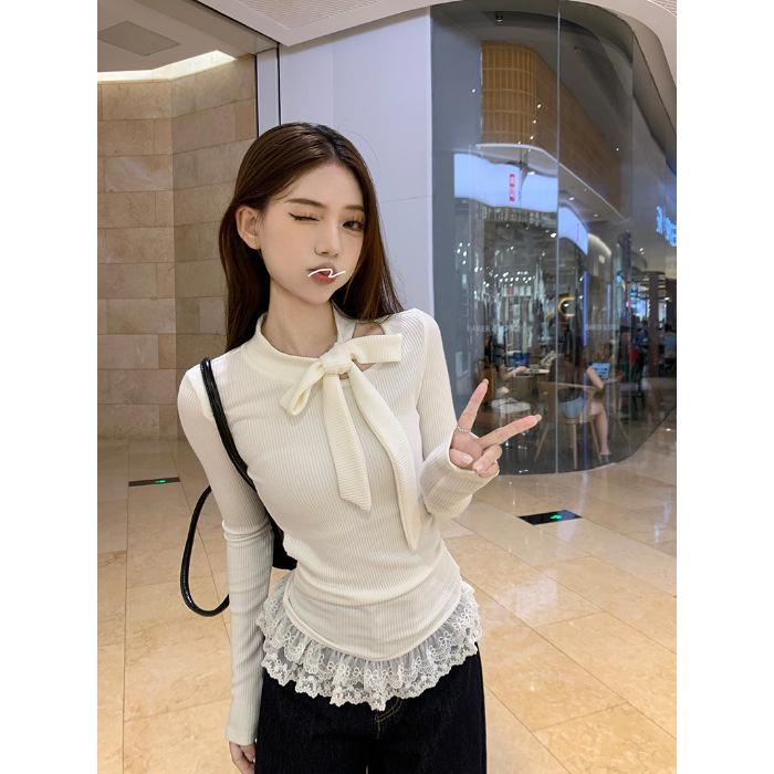 Niche Sexy Bow Long-Sleeve Lace Splice Slim Fit Top for Early Autumn