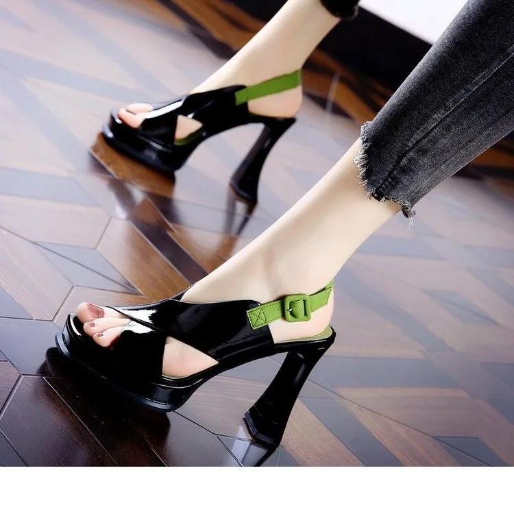Summer New Women's Pumps Thick Heel Peep Toe Mixed Colors Buckle Super High Heels Platform Sole Party Wedding Sandalias De Mujer
