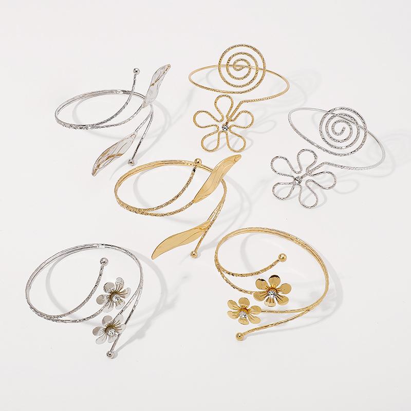 Punk Metal Leaves Flower Upper Arm Bracelets Bangles For Women Girls Cuff Bangle Adjustable Armlets Hand Jewelry Men