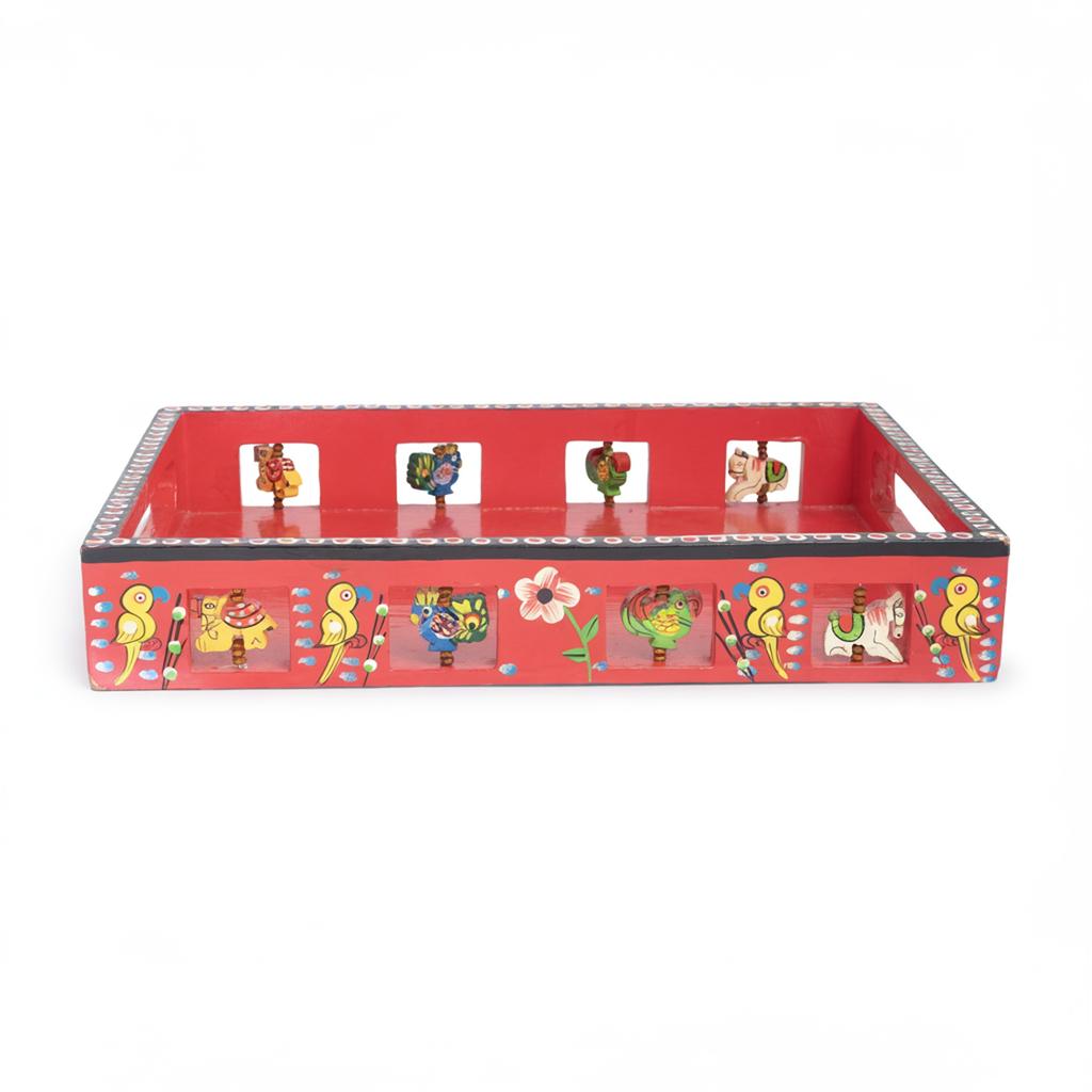 Hand-Painted Wooden Serving Tray | Decorative Storage & Vanity Tray, Desk Organizer, Indian Folk Art Home Gift
