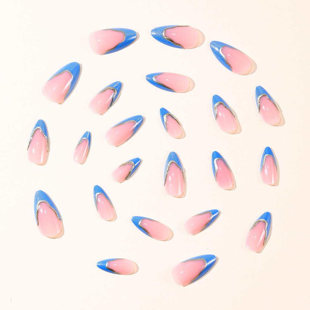 24Pcs Blue Cat Eye French Press On Nails Irregular Gold Stripe Almond Fake Nails Simple Design For Women