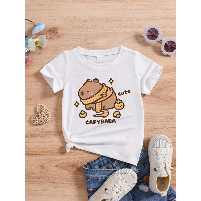 European sizes Girls Summer Short-Sleeve Cute Capybara Print T-Shirt 110 белый