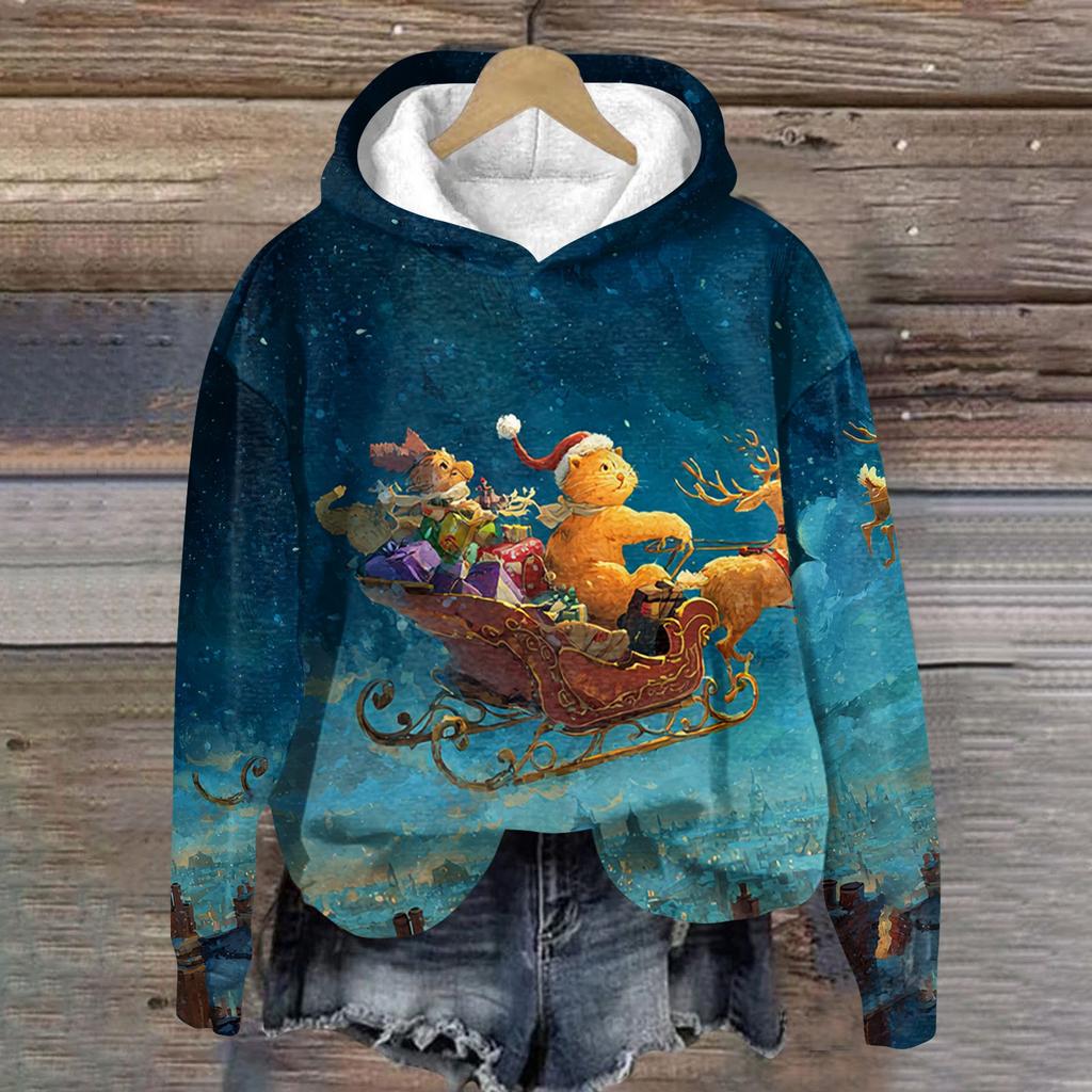 Women's Fashion Long Sleeve Christmas Print Loose Hooded Sweatshirt Top