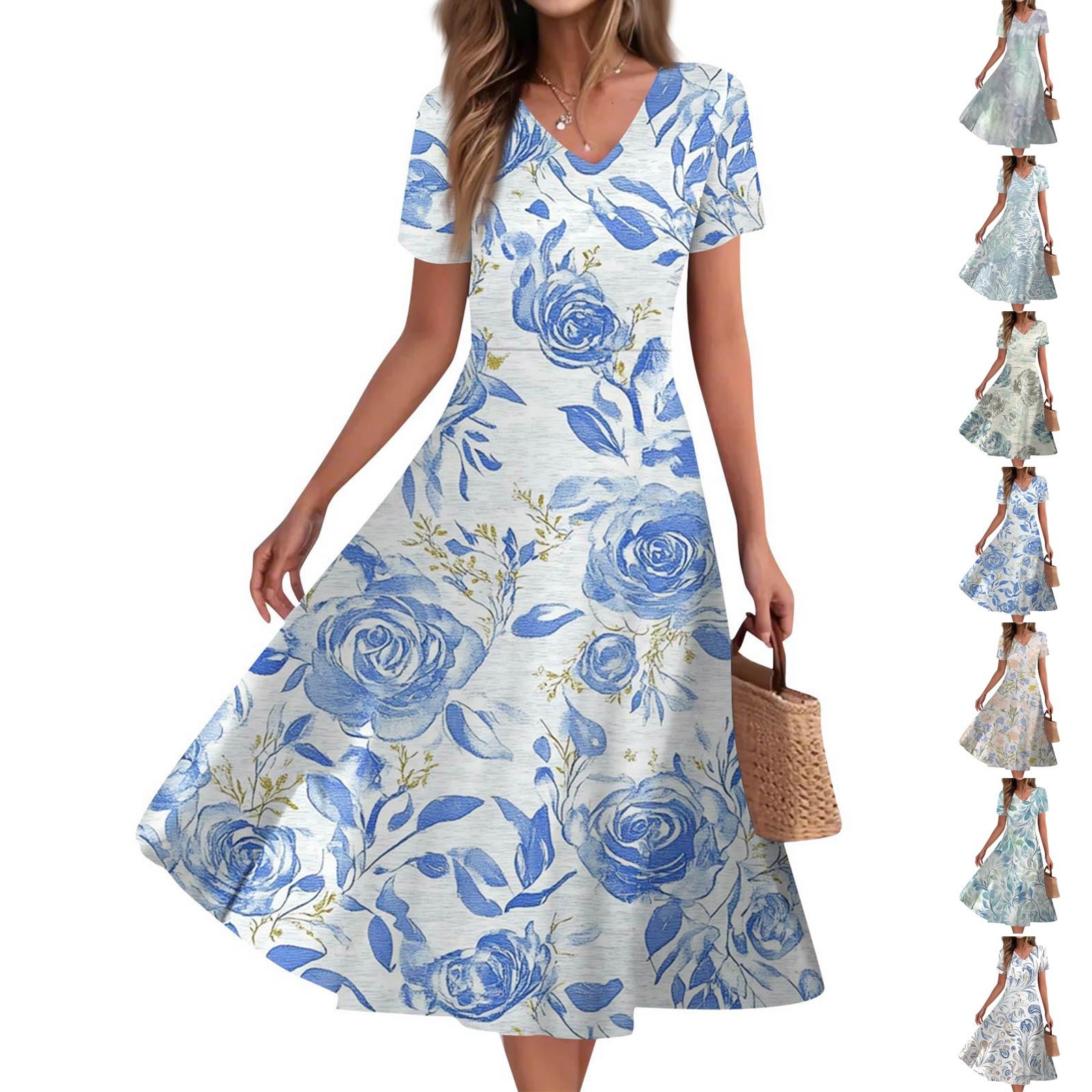 

Women s Summer Casual Fashion Print Pocket Short Sleeve V-Neck Swing Dress XXL синій