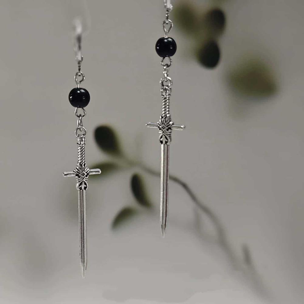 Dark Aesthetics Gothic Sliver Color Cross Sword Pendant Dangle Earrings for Women Halloween Witchcraft Jewelry Rock Accessory