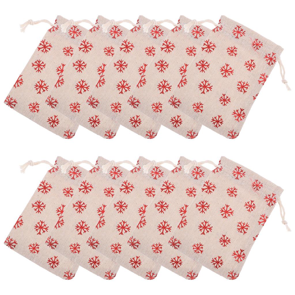 10Pcs Christmas Cotton Drawstring Bags Snowflake Pattern Candy Pouches Holiday Gift Wrapping Bags Small Fabric Candy Storage
